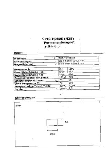 PIC-M0805 Permanent-Magnet Rund (Ø x L) 8mm x 5mm N35 1.19 T (max) Grenztemperatur (max.): 80°C