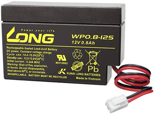 Long WP0.8-12S WP0.8-12S Bleiakku 12V 0.8Ah Blei-Vlies (AGM) (B x H x T) 96 x 62 x 25mm JST-Stecker