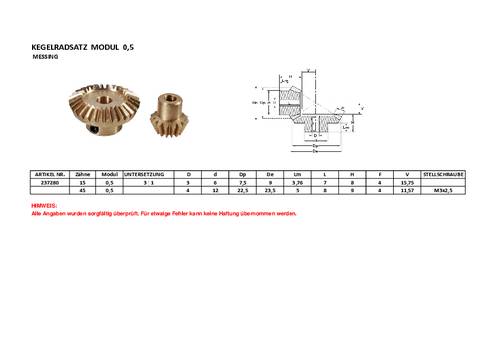Reely Messing-Kegelrad Modul-Typ: 0.5 Anzahl Zähne: 15